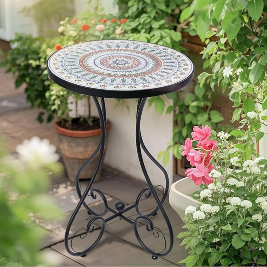 VCUTEKA Mosaic Outdoor Side Table, Round Rustproof Patio Tables with 14" Ceramic Tile Top, Indoor Porch Accent Table for Yard, Garden, Living Room, Bistro Balcony, Green