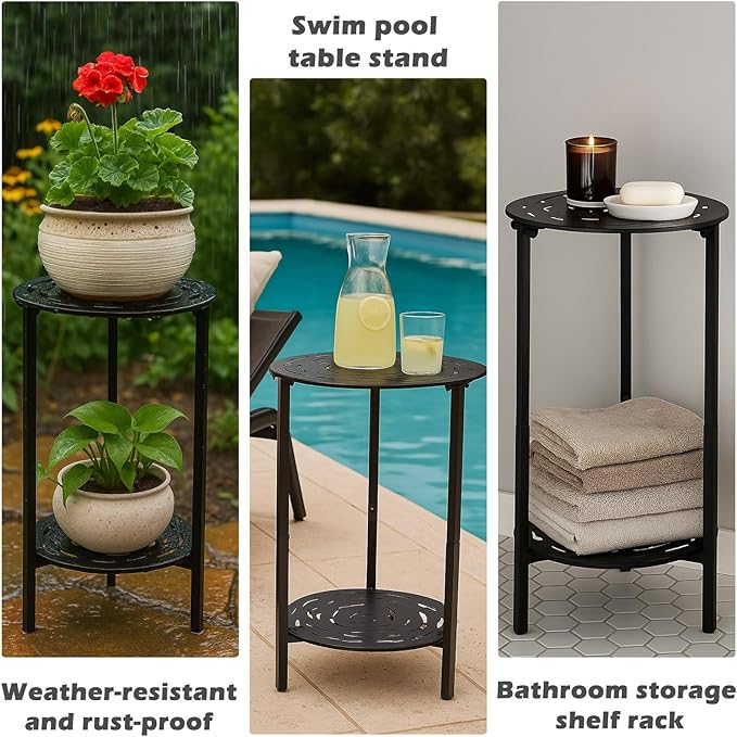 2-Tier Metal Round Side Table Black Accent Coffee Tables Small Space Corner Plant Stand Shelf for Indoor Outdoor Use - Photo 7