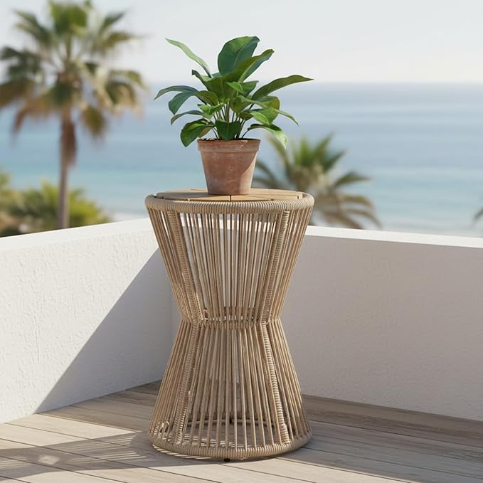 Merax Bohemian Round Outdoor Side Table with Acacia Wood Top and Beige Handwoven Rope Base, Elegant Hourglass Design Patio Coffee Table for Garden, Pool, Deck, Balcony, Yard, 25.8" Height, No Assembly