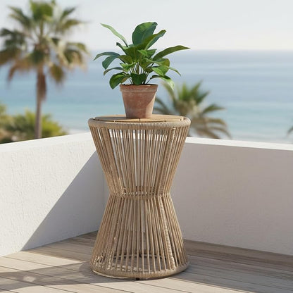 Merax Bohemian Round Outdoor Side Table with Acacia Wood Top and Beige Handwoven Rope Base, Elegant Hourglass Design Patio Coffee Table for Garden, Pool, Deck, Balcony, Yard, 25.8" Height, No Assembly