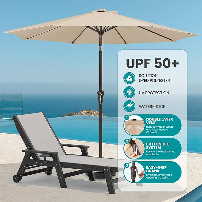 SERWALL Textilene Patio Chaise Lounge Chair Set of 2 with 9FT Patio Umbrella - Photo 3