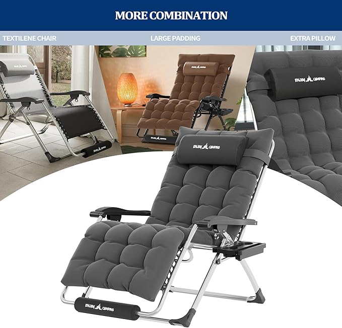 UDPATIO Oversized Zero Gravity Chair Set of 2, 29In XL Patio Reclining Chair with Cushion, Outdoor Folding Recliner - Photo 4