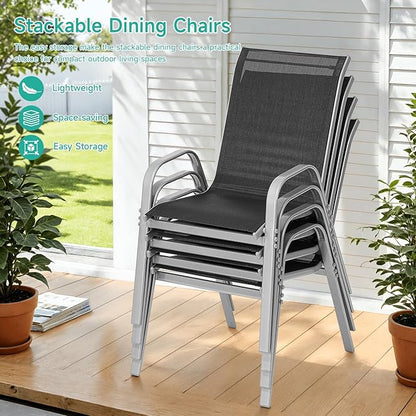 Patio Chairs Set of 2, Easily Set Up Stackable Outdoor Dining Chairs with High Back and Wide Seat, All Weather Breathable Outdoor Chairs Set of 2 with Metal Frame for Backyard Deck Pool, Black