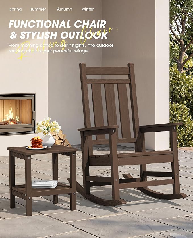 KINGYES Oversized Outdoor Rocking Chair, All-Weather Patio Rocking Chairs for Porch, HDPE Outdoor Patio Rockers with High Back & Wide Seat for Garden, Lawn, Coffee
