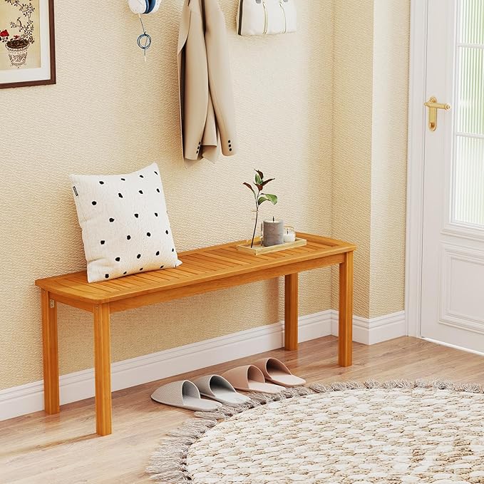 Tangkula Acacia Wood Outdoor Bench, 47" Patio Dining Bench with Slatted Seat, Backless Wooden Garden Bench, Farmhouse Furniture for Garden, Entryway, Poolside, Front Porch, Balcony, Park & Deck