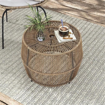 Outdoor Round PE Wicker Rattan Coffee Table, Natural Finish, 21.65 in x 21.65 in x 15.74 in, Coastal Style, Weather-Resistant, Lightweight Indoor or Outdoor Furniture