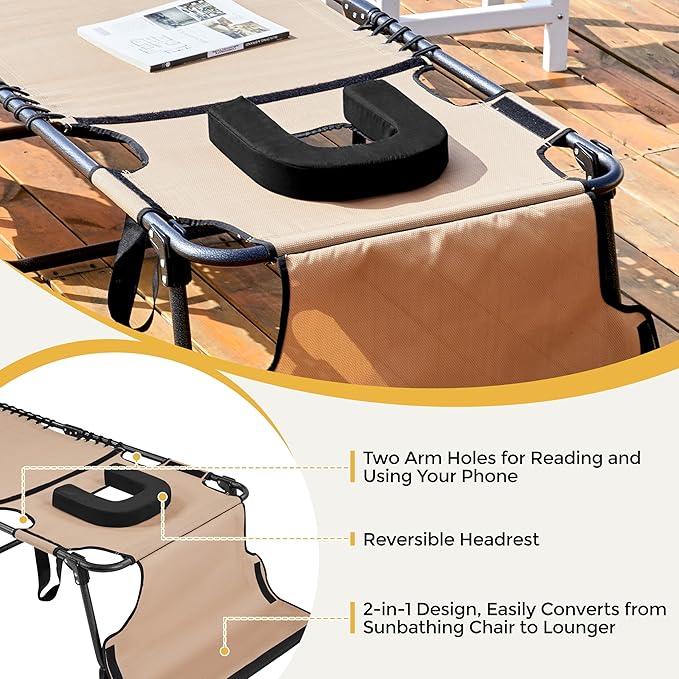 Yaheetech 26.4" Tanning Chair with Face Hole, Adjustable 5-Position Folding Chaise Lounge Chairs, Outdoor Lounge Chairs for Lawn, Beach, Patio, Beige