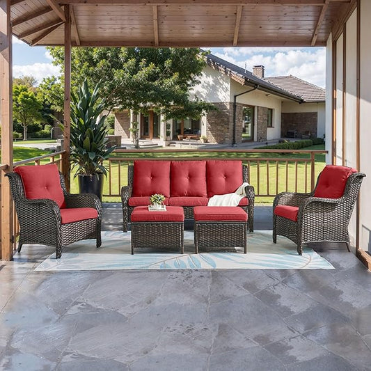 HUMMUH Outdoor Furniture 5 Pieces Patio Furniture Set Wicker Outdoor Sectional Sofa with 2 Patio Chairs,Ottomans(Brown/Red)