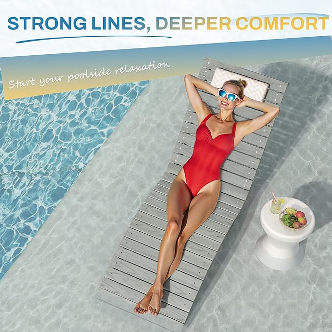 Pool Lounge Chairs Outdoor Set of 2，HDPS Long Pool Chairs for in Pools, Weighted All Weather Tanning Chair with Headrest，Chaise Lounge for Outside Beach Patio Sun Bathing Hotel, Gray