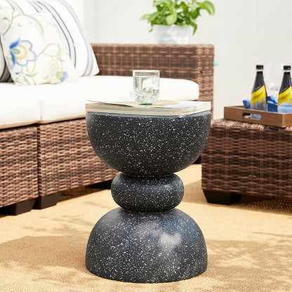 Glitzhome Outdoor Side Table, Round Accent End Table, Lightweight Faux Terrazzo Decorative Garden Stool, 17.25" H Black Planter Stand for Patio Porch Balcony Living Room