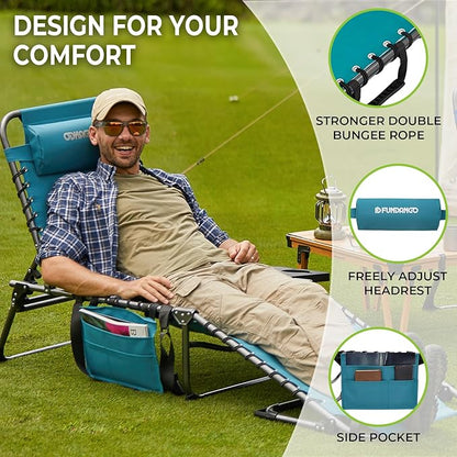 FUNDANGO Chaise Lounge Chair Outdoor, 5-Position Folding Tanning Chair with Detachable Side Table & Pillow, 180° Lay Flat Portable Beach, Heavy Duty U-Frame for Patio, Pool, Lawn, 265lbs (Cyan)