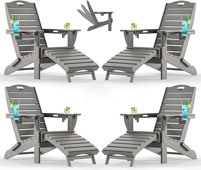 Ciokea Folding Adirondack Chair Set of 4 with Retractable Ottoman Fire Pit Patio Chair with Pull Out Foot Rest Weather - Photo 1