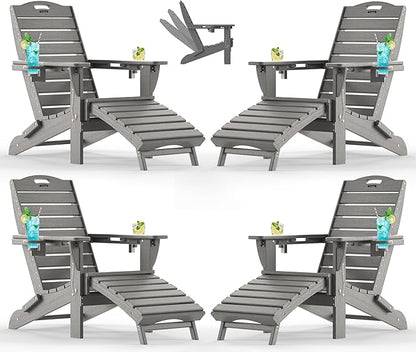 Ciokea Folding Adirondack Chair Set of 4 with Retractable Ottoman Fire Pit Patio Chair with Pull Out Foot Rest Weather Resistant Lawn Outdoor Chair with 2 Cup Holder (Grey)