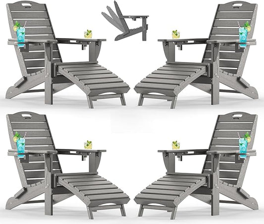 Ciokea Folding Adirondack Chair Set of 4 with Retractable Ottoman Fire Pit Patio Chair with Pull Out Foot Rest Weather Resistant Lawn Outdoor Chair with 2 Cup Holder (Grey)