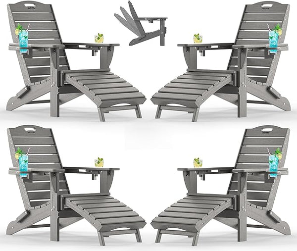 Ciokea Folding Adirondack Chair Set of 4 with Retractable Ottoman Fire Pit Patio Chair with Pull Out Foot Rest Weather - Photo 1