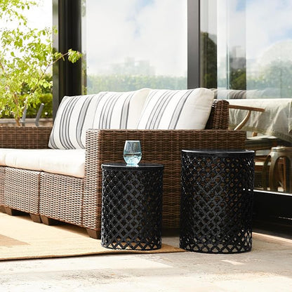 Glitzhome Outdoor Side Table Set of 2, Decorative Garden Stool for Patio Heavy Duty Metal Frame Modern Accent Table, Black