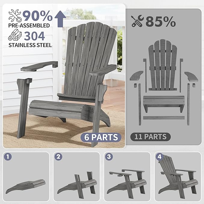 Psilvam Oversized Adirondack Chair, Fade-Resistant & Odor-Free Poly Lumber Fire Pit Chairs with Cup Holder, Weatherproof Outdoor Chair, Easy 15 Min Install Patio Chair, 350 Lbs Support (1, Gray)
