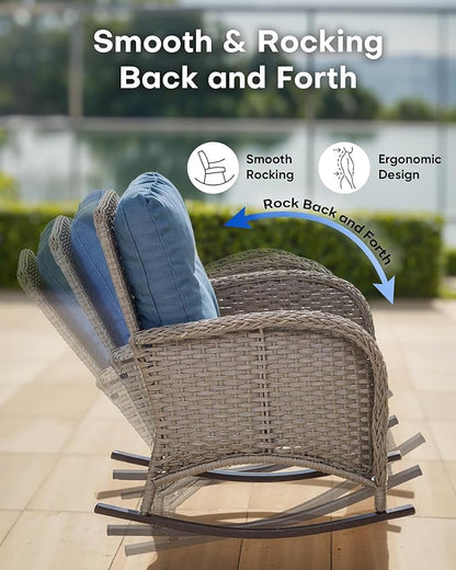 Outdoor Rocking Chairs Set of 2-Patio Table and Chairs Set Outdoor Conversation Furniture Sets for Deck Porch Garden Balcony Poolside-Grey/Blue