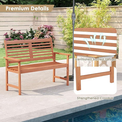 Byroce 2-Person Outdoor Bench, Solid Wood Patio Loveseat with Comfy Backrest & Armrest, Heavy Duty Garden Bench for Outdoors Backyard, Park, Balcony & Front Porch, Teak Oil Rubbed (Horizontal Slat)
