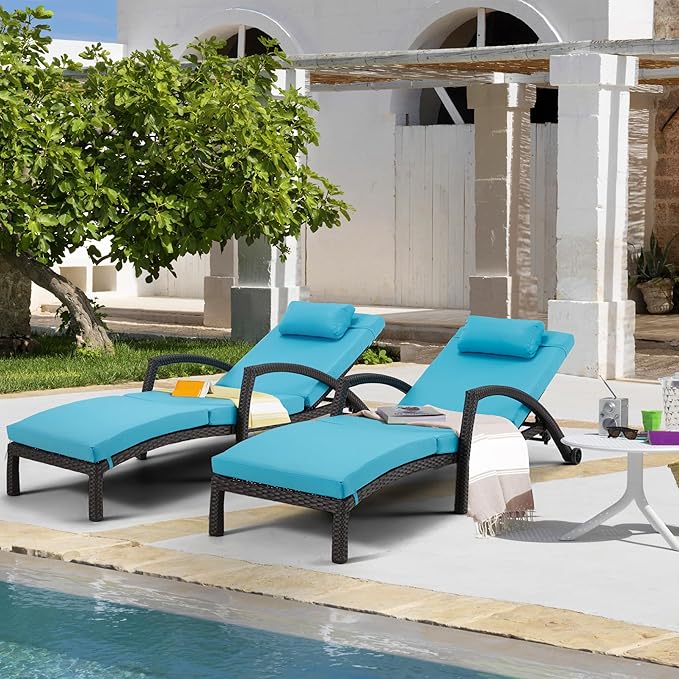 HOMREST Chaise Lounge Chairs Set of 6, PE Rattan Wicker Lounge Chair with Arm and Wheels for Poolside,Blue