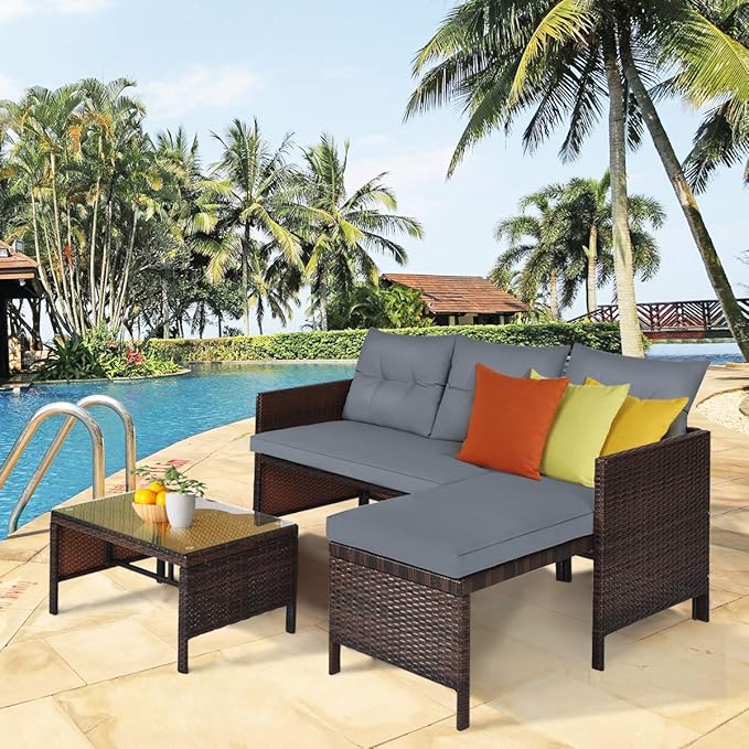 Tangkula Patio Corner Sofa Set 3 Piece, Outdoor Rattan Sofa Set, Includes Lounge Chaise, Loveseat & Coffee Table - Photo 4