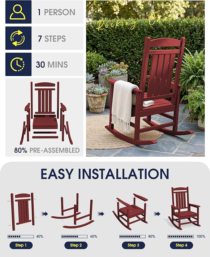 KINGYES Outdoor Rocking Chair, Weather Resistant Patio Rocking Chairs High Back Porch Rocker for Adult, Dark Red