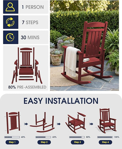 KINGYES Outdoor Rocking Chair, Weather Resistant Patio Rocking Chairs High Back Porch Rocker for Adult, Dark Red