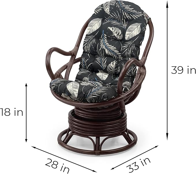 Wickerix Java Lounge Swivel Rocking Chair with Light Brown Cushion Natural Rattan Wicker Handmade, Dark Brown Color