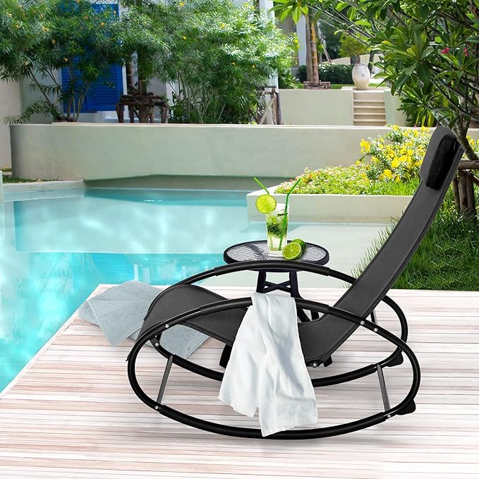 Outsunny Pool Lounger, Outdoor Rocking Lounge Chair for Sunbathing, Pool, Beach, Porch with Pillow & Cool Mesh - Photo 2