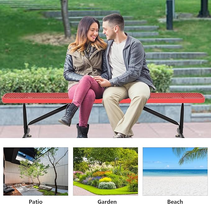 8FT Metal Park Bench for Outside, All-Weather Thermoplastic Coating Outdoor Bench with Anchor, Commercial Heavy Duty Benches for Shopping Malls, Stores, Parks, Patios, Decks, Red
