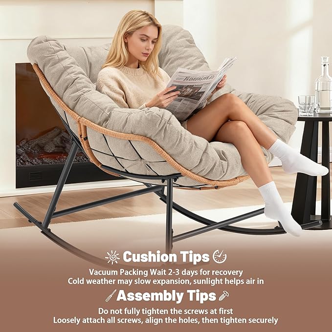 Outdoor Rocking Chair, Oversized Papasan Reading Chair Indoor with Thick Cushion, Comfy Rattan Rocker Egg Chair for Patio, Garden, Balcony, Lawn, Backyard, Bedroom, up to 450lbs, Beige