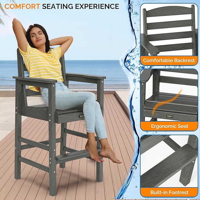 VINGLI Outdoor Bar Stools Set of 2, HDPE All-Weather Patio Bar Height Chairs Heavy-Duty Tall Adirondack Chairs for Backyard, Porch, Balcony and Poolside (Gray)