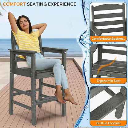 VINGLI Outdoor Bar Stools Set of 2, HDPE All-Weather Patio Bar Height Chairs Heavy-Duty Tall Adirondack Chairs for Backyard, Porch, Balcony and Poolside (Gray)