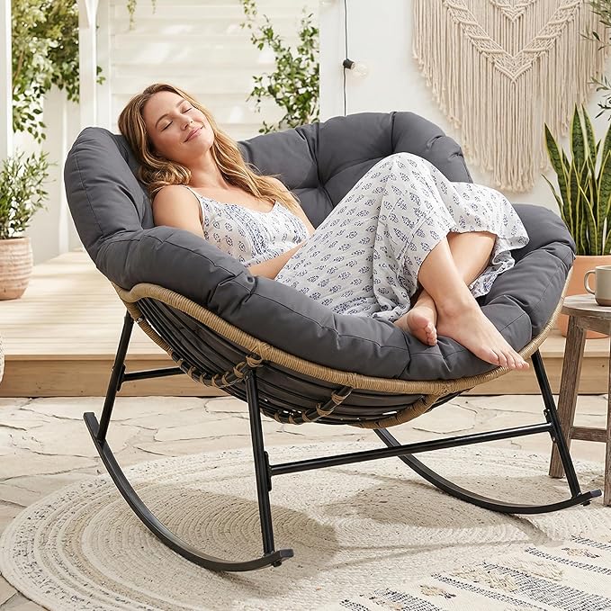 RADIATA Outdoor Papasan Rocking Chair with Cushion, Oversized Patio Lounge Rocker, All Weather PE Wicker Comfy Egg Rocking Chairs, 450 lbs Heavy Duty Recliner Glider for Balcony, Porch, Garden, Grey