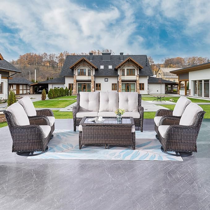 Rilyson Wicker Patio Furniture Set - 8 Piece Rattan Outdoor Sectional Conversation Sets with 4 Swivel Rocking Chairs - Photo 2