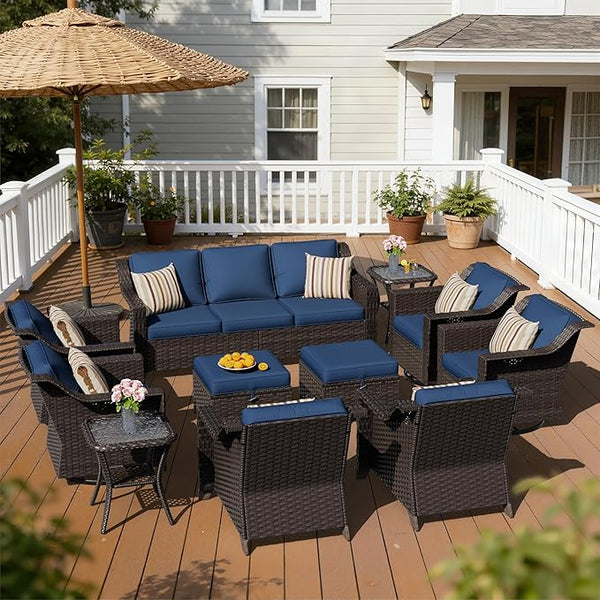 11 Pieces Patio Conversation Furniture Set - 1 Sofa, 2 Ottoman, 2 Armchairs, 4 Swivel Chairs, 2 Side Tables - Photo 1
