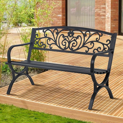 50" Black Metal Garden Bench - 2-Person Outdoor Loveseat with Floral Design, 485 lbs Capacity for Patio, Porch & Yard