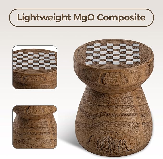 COSIEST Outdoor Side Table w Chessboard, 14''Concrete Faux Wooden Garden Stool, Lightweight Decor Outdoor Round End Table, Plant Stand for Garden and Deck, Brown
