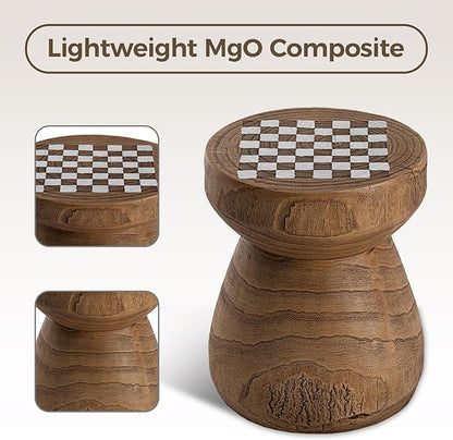 COSIEST Outdoor Side Table w Chessboard, 14''Concrete Faux Wooden Garden Stool, Lightweight Decor Outdoor Round End Table, Plant Stand for Garden and Deck, Brown