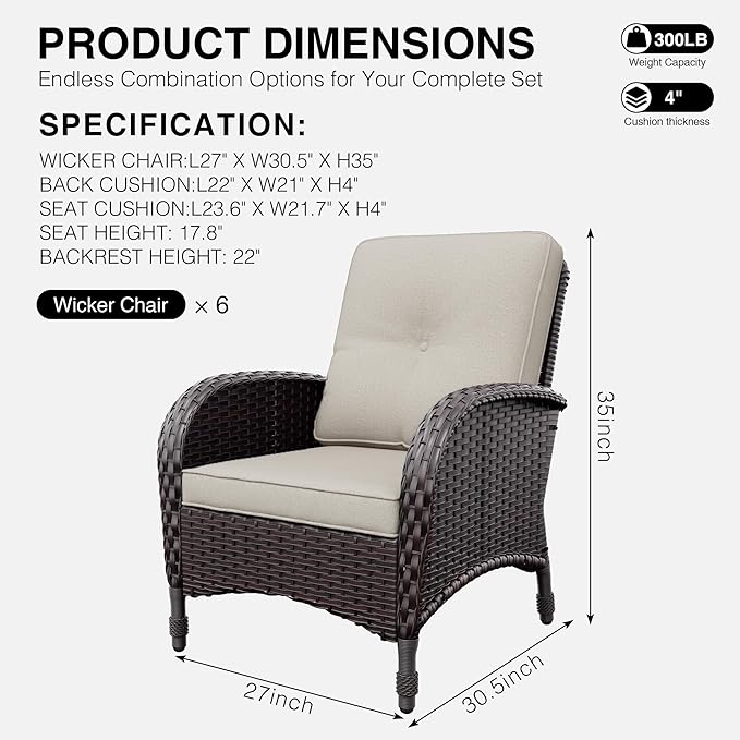 Joyside Wicker Patio Chairs, 6 Piece Rattan Outdoor Furniture with Thickened Cushions, High Back, Deep Seating - Photo 2