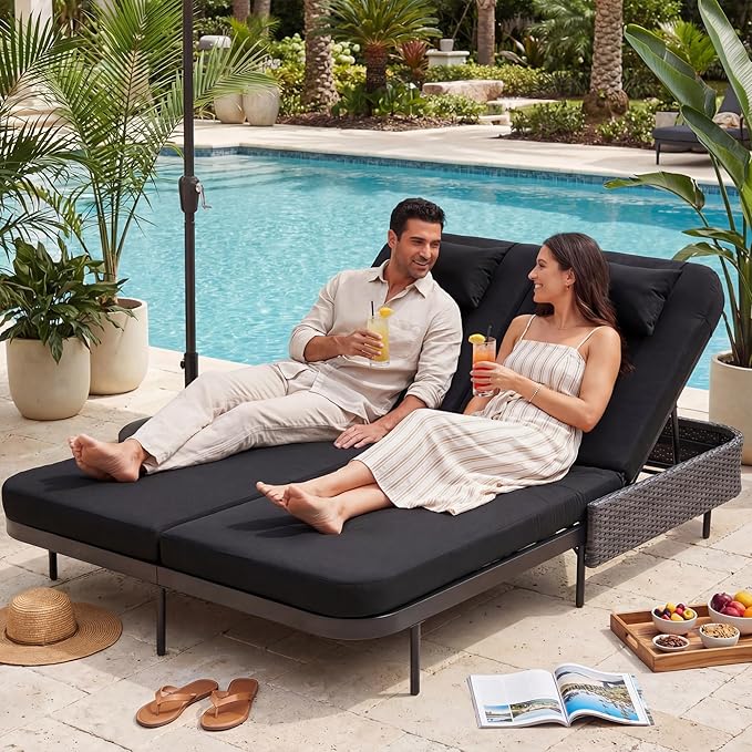 RADIATA 51.2" Outdoor Loveseat Sofa Bed, PE Wicker Patio Daybed with 2-Person Double Chaise Lounge - Photo 1