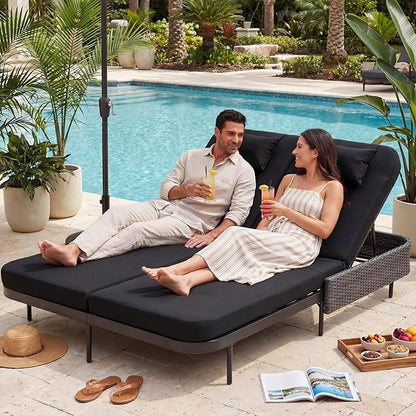RADIATA 51.2" Outdoor Loveseat Sofa Bed, PE Wicker Patio Daybed with 2-Person Double Chaise Lounge, Independent 5-Position Adjustable Backrest, All-Weather Poolside Furniture