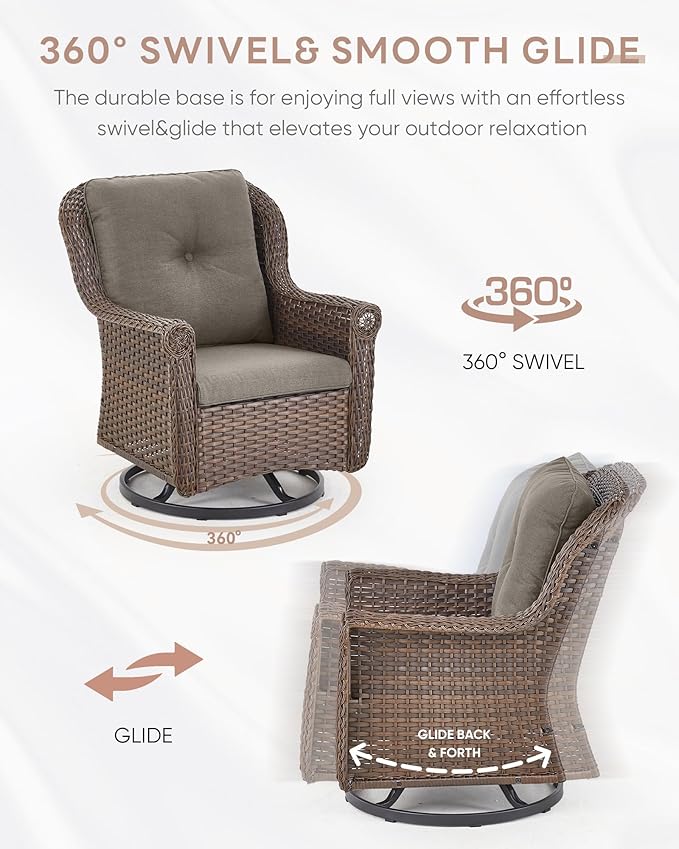 Patio Chairs Outdoor Swivel Glider - Set of 2 High Back Outside Brown Wicker Rattan Rocking Chair with Zippered Cushion - Photo 4
