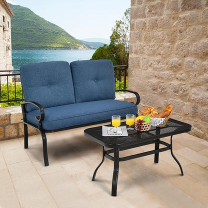 RELAX4LIFE Patio Loveseat with Coffee Table - 2-Piece Patio Conversation Sofa Set w/Backrest & Cushions, Modern Outdoor Glider Bench for Garden, Backyard, Poolside, Metal Porch Furniture (Blue)