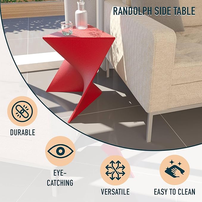 LeisureMod 15.75" Triangular Side Table, Stackable Plastic Accent End Table for Indoor & Outdoor Use, Weather-Resistant Modern Patio & Living Room Table, Red