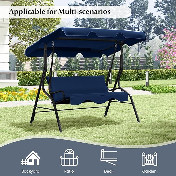 RELAX4LIFE 3-Person Porch Swing Chair - Outdoor Swing w/Adjustable Canopy, Removable Cushion & Metal Frame Stand - Photo 9