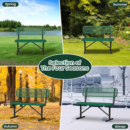 4ft Green Metal Park Bench with Backrest, Heavy Duty Outdoor Benches Weatherproof Steel Long Playground Bench Seats, Commercial Garden Benches Dock Benches for Lawn, Park, Deck,Patio, Porch