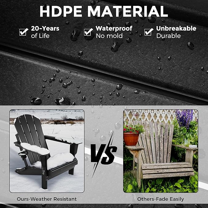 Magpie Fabrics Foldable Adirondack Chair with Cup Holder, HDPE Weather Resistant Oversize Outdoor Chair, Widely Used in Patio, Fire Pit, Deck, Porch, Garden, Campfire (Black)