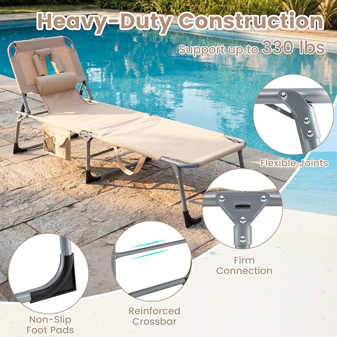 Giantex Face Down Tanning Chair, Folding Beach Lounge Chair w/ 4-Position Adjustable Backrest, Outdoor Sunbathing Lounge Chair w/Face Arm Holes & Storage Pocket for Patio Deck Poolside (2, Sand)