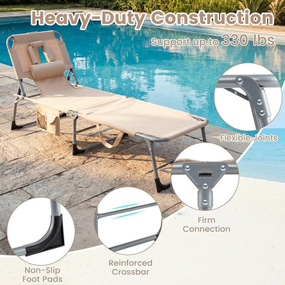 Giantex Face Down Tanning Chair, Folding Beach Lounge Chair w/ 4-Position Adjustable Backrest, Outdoor Sunbathing Lounge Chair w/Face Arm Holes & Storage Pocket for Patio Deck Poolside (1, Sand)